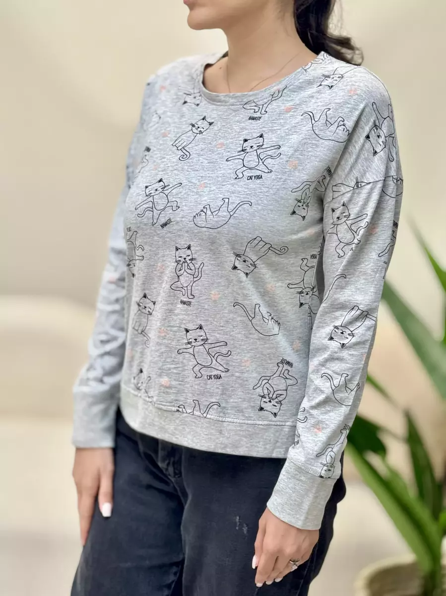 تیشرت آستین بلند طوسی طرح گربه