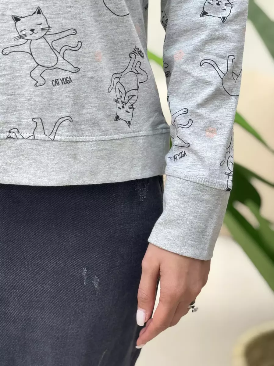 تیشرت آستین بلند طوسی طرح گربه