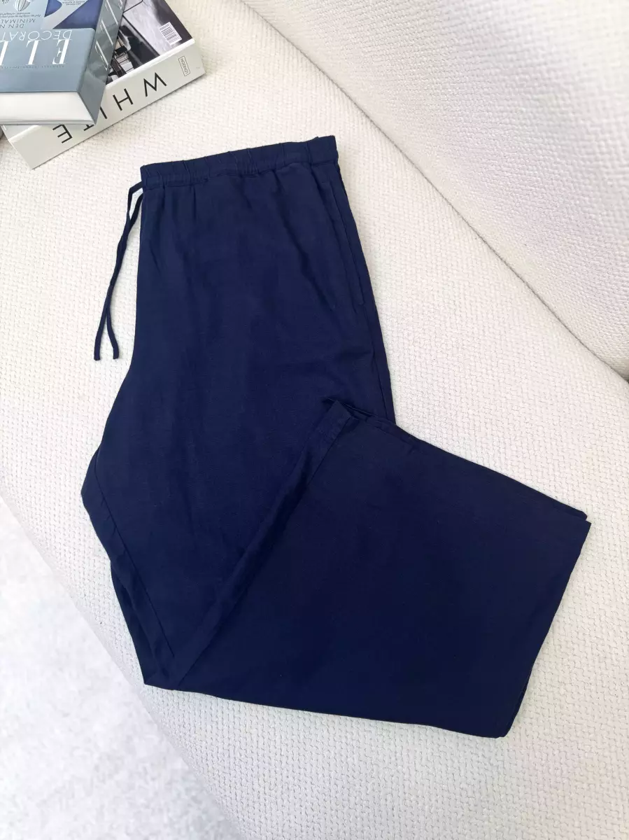 شلوار لینن سرمه ای بنددار