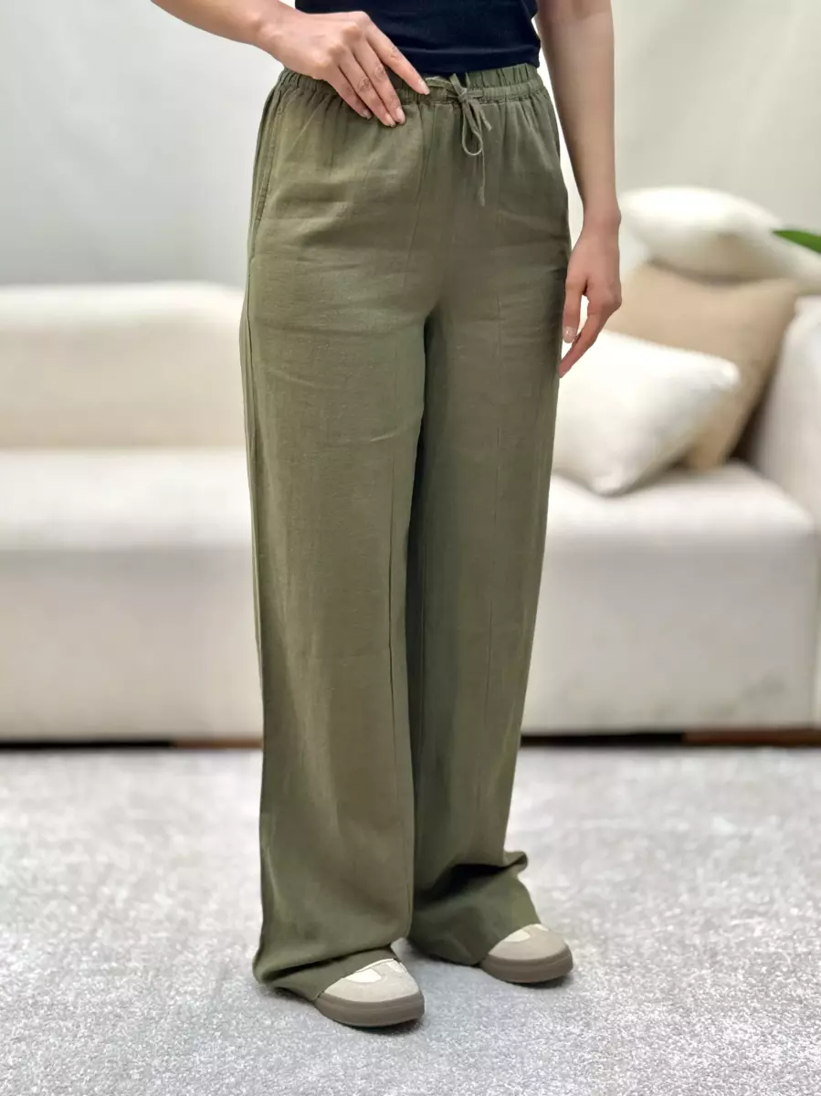 شلوارلینن جلوبنددار (سبزوکرم)