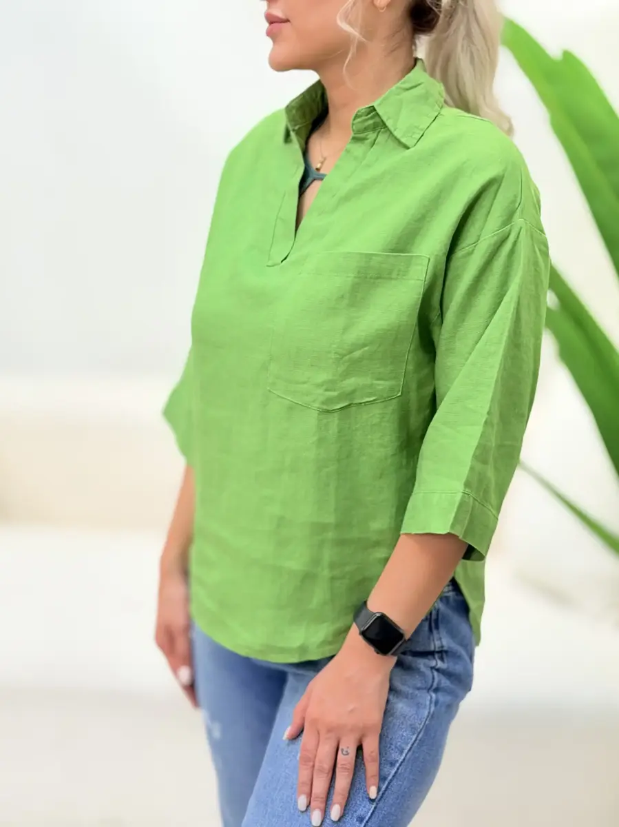 شومیز لینن سبز تک جیب (تاهاری)