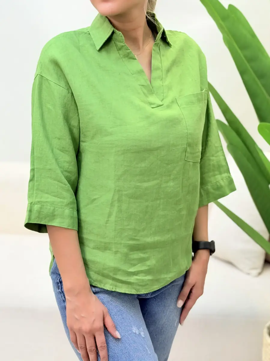 شومیز لینن سبز تک جیب (تاهاری)