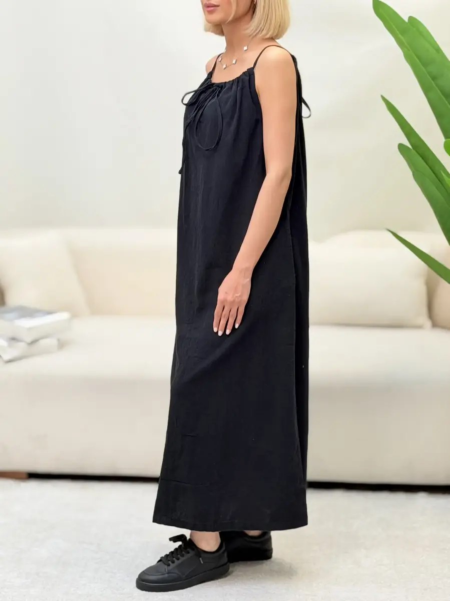 پیراهن لینن بلند zara (مشکی-کرم)
