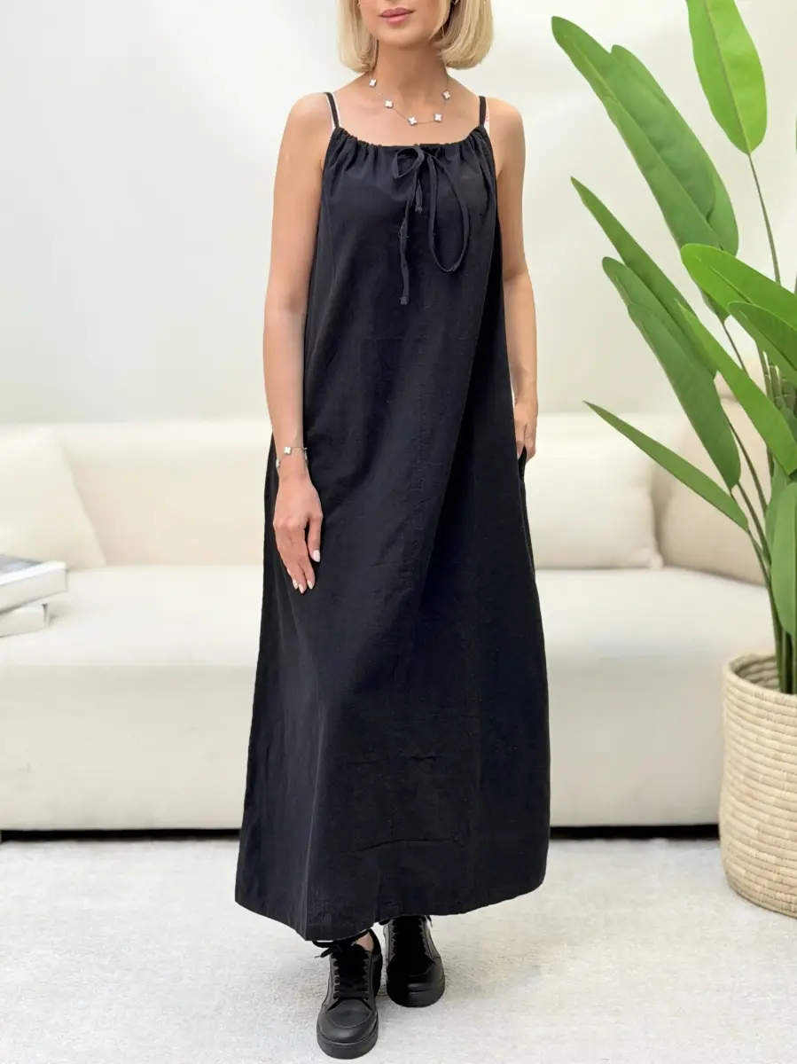 پیراهن لینن بلند zara (مشکی-کرم)