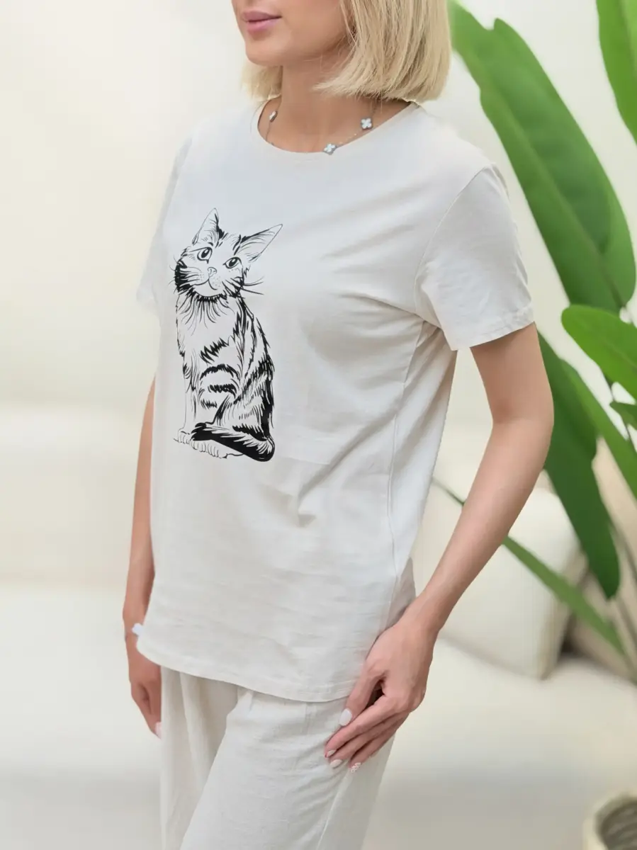 تیشرت کرم women طرح گربه