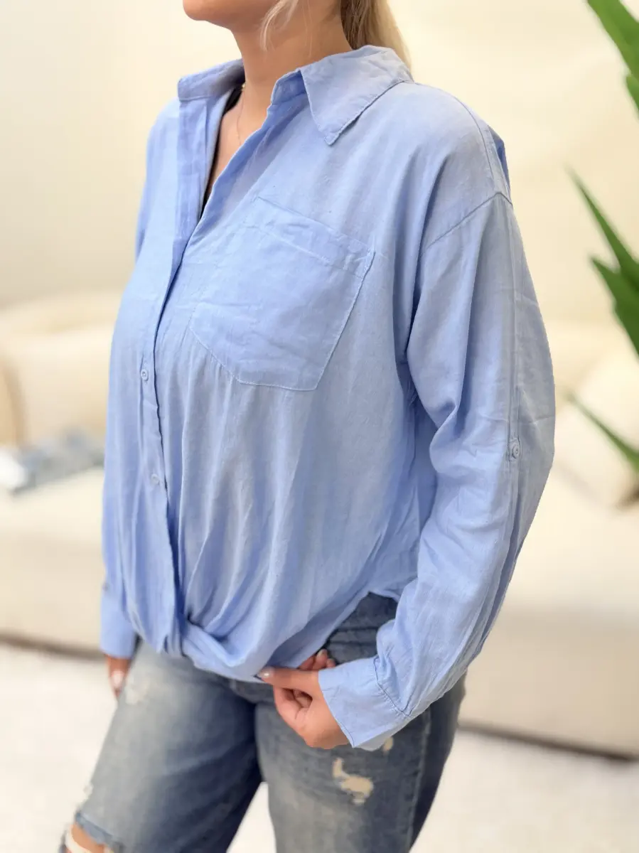 شومیز لینن آبی گره ای زارا