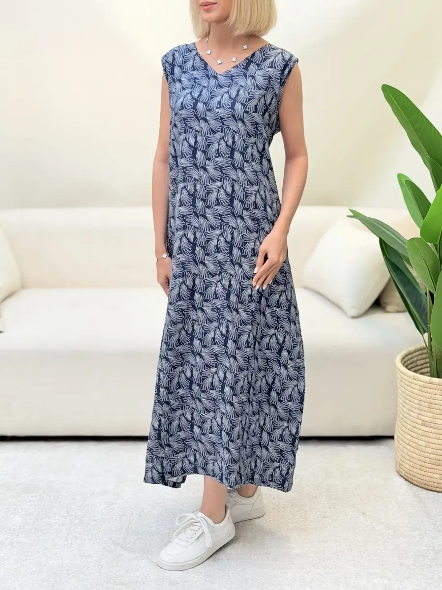 پیراهن طرح دار لینن سرمه ای