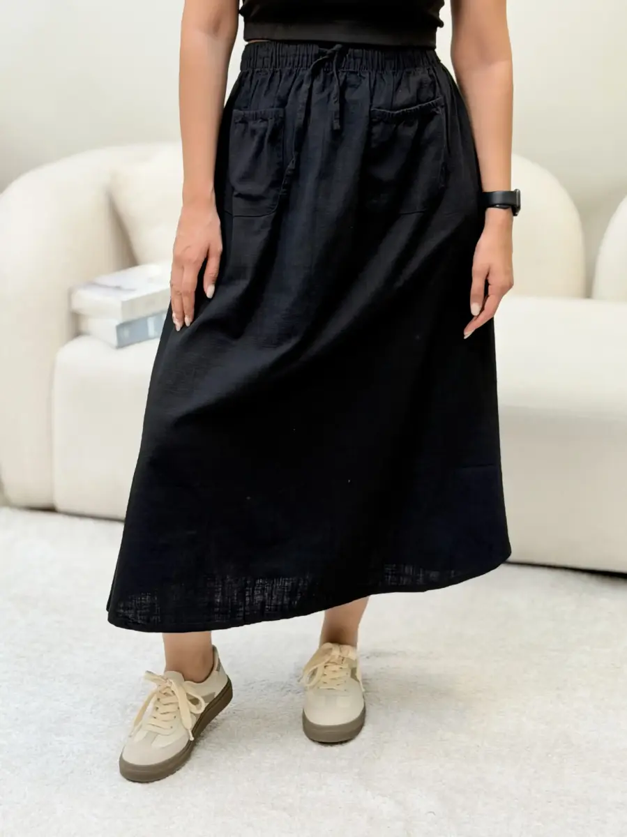 دامن جیب دار پاییزه  لینن (مشکی/سبز/کرم)