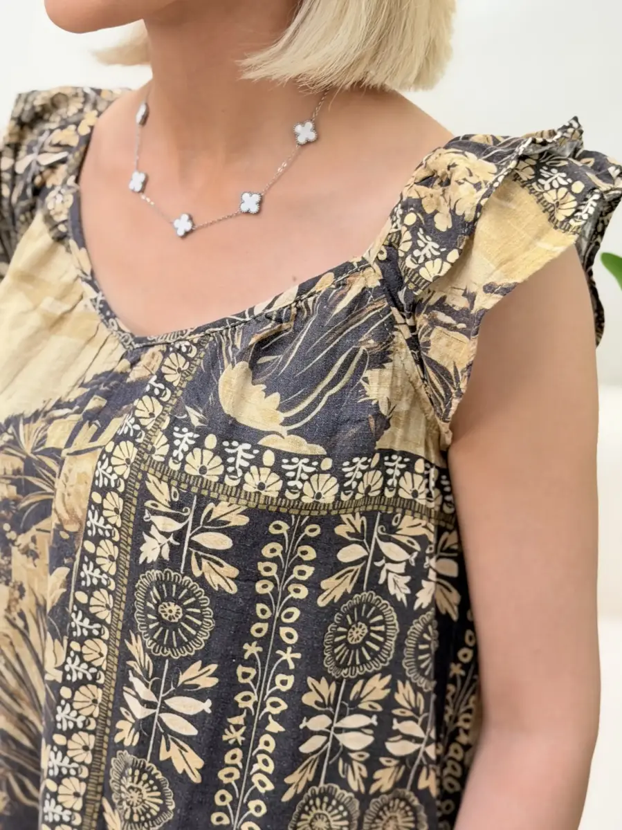پیراهن لینن گلدار(مشکی خردلی)