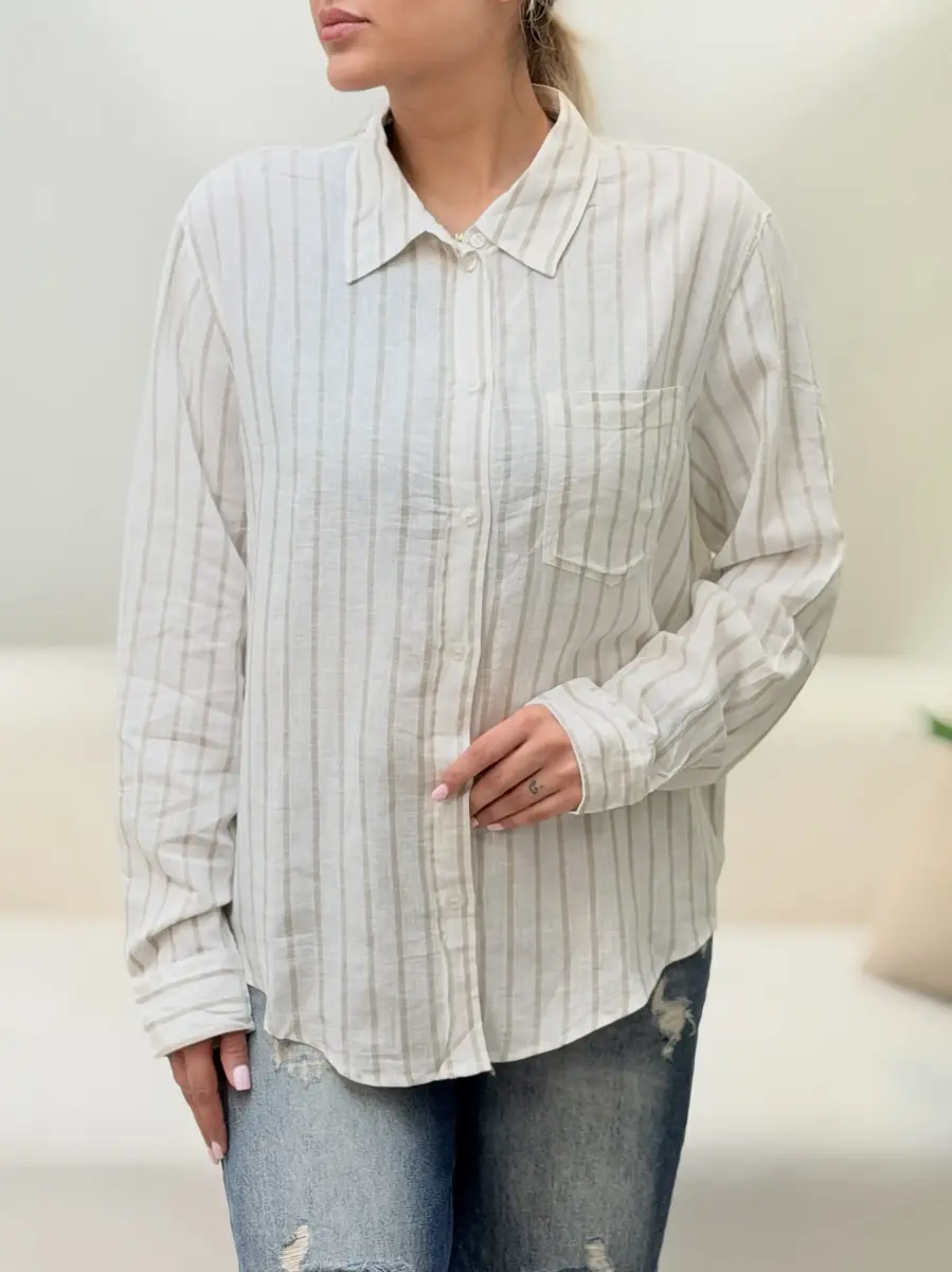 شومیز لینن  شیری راه راه نسکافه ای