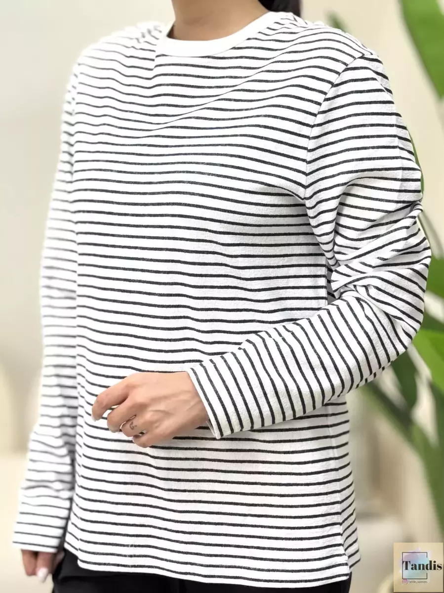 تیشرت آستین بلند راه راه M.S(سفید/سرمه ای)