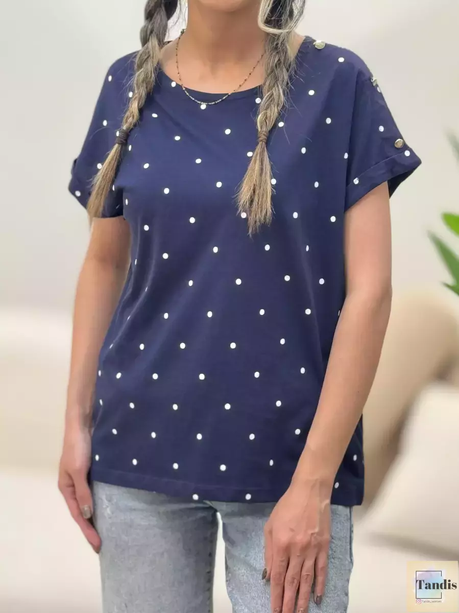 تیشرت آستین دکمه خال خالی