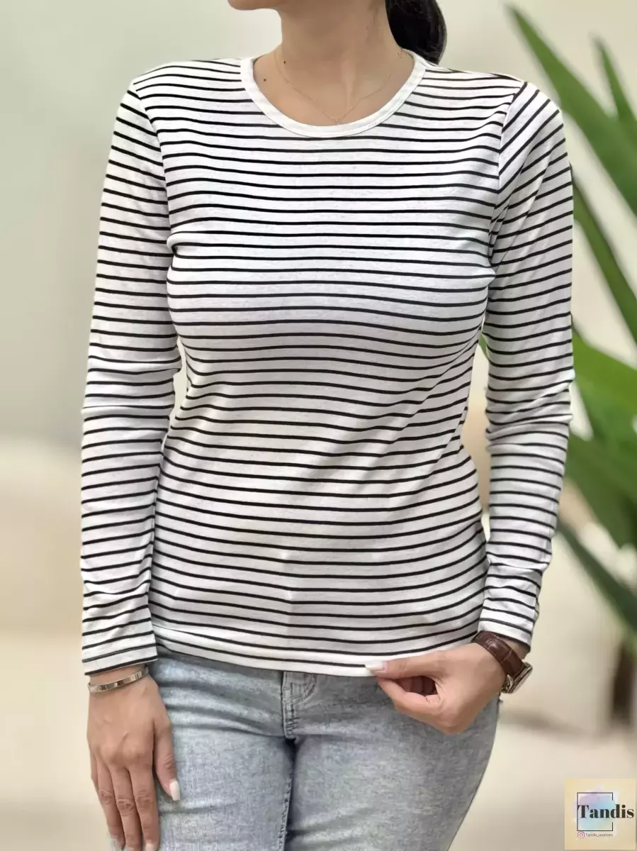 تیشرت آستین بلند راه راه ریز نخ پنبه