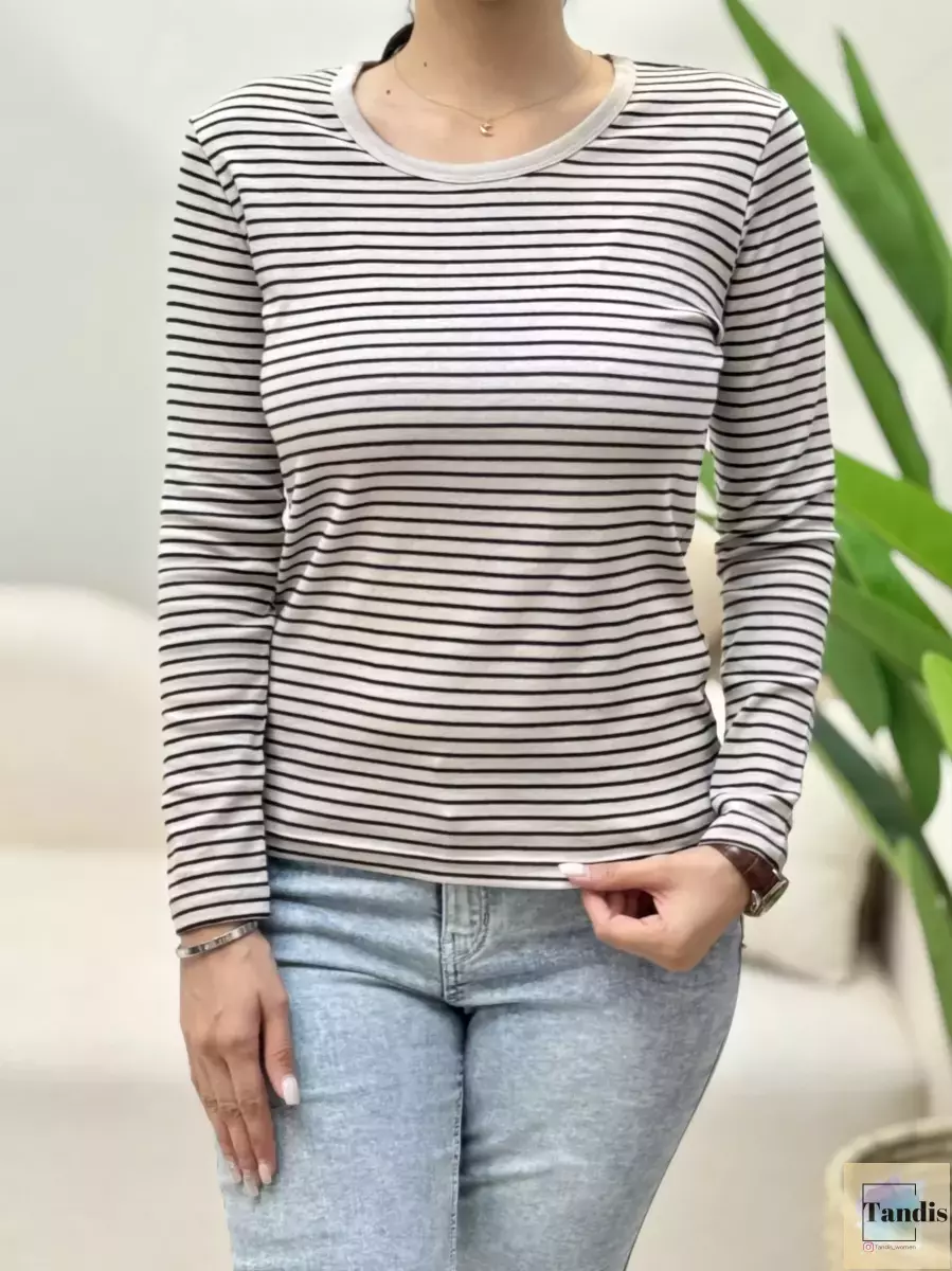 تیشرت آستین بلند راه راه ریز نخ پنبه