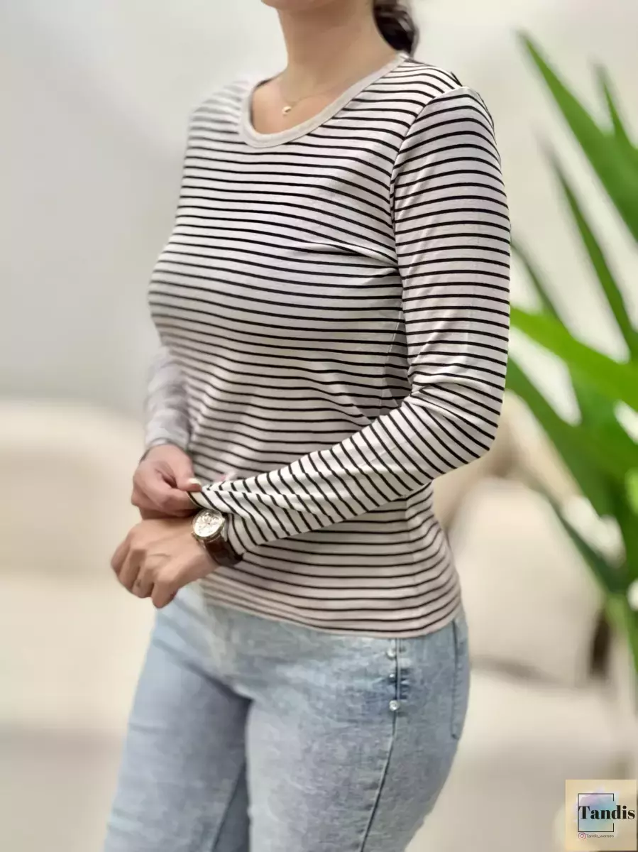 تیشرت آستین بلند راه راه ریز نخ پنبه