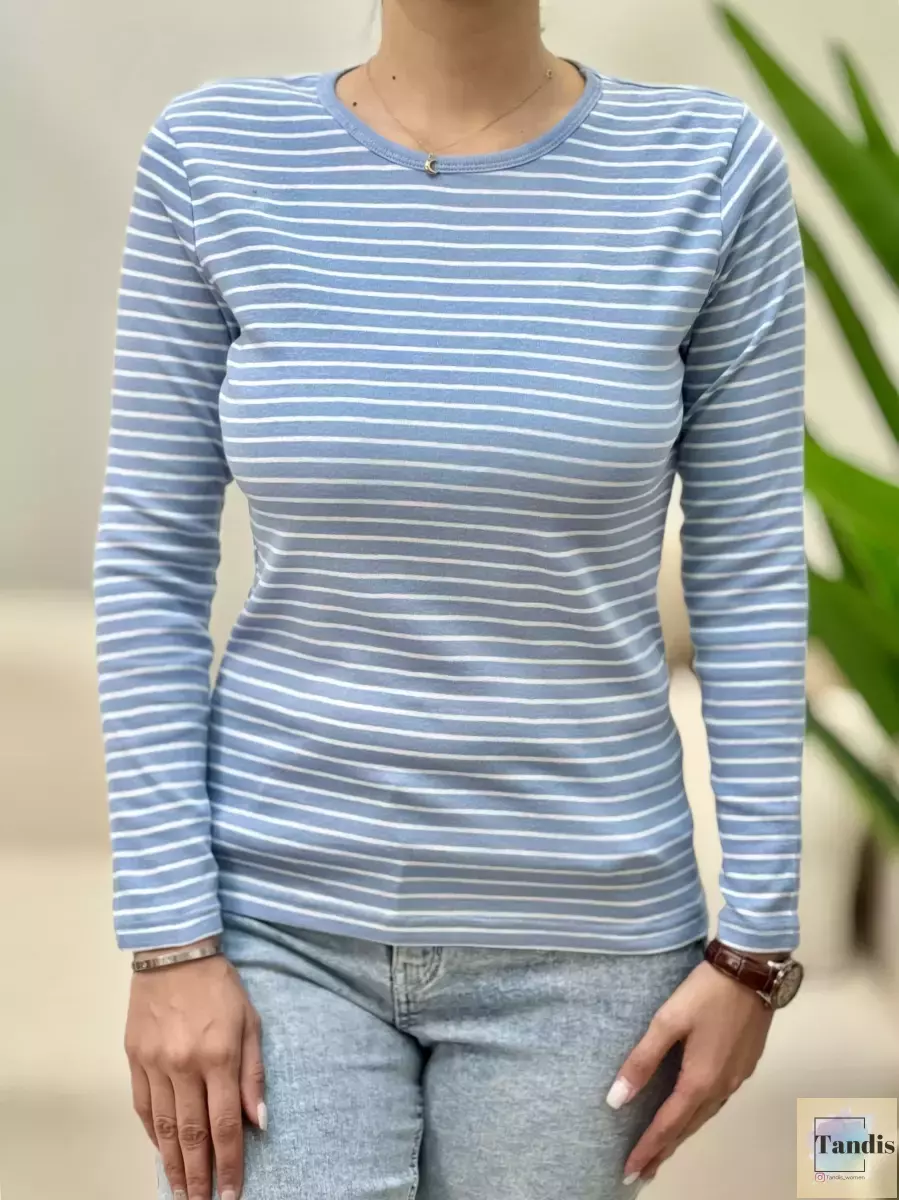 تیشرت آستین بلند راه راه ریز نخ پنبه