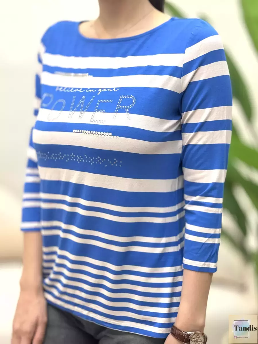 تیشرت آبی راه راه آبی نگین دار