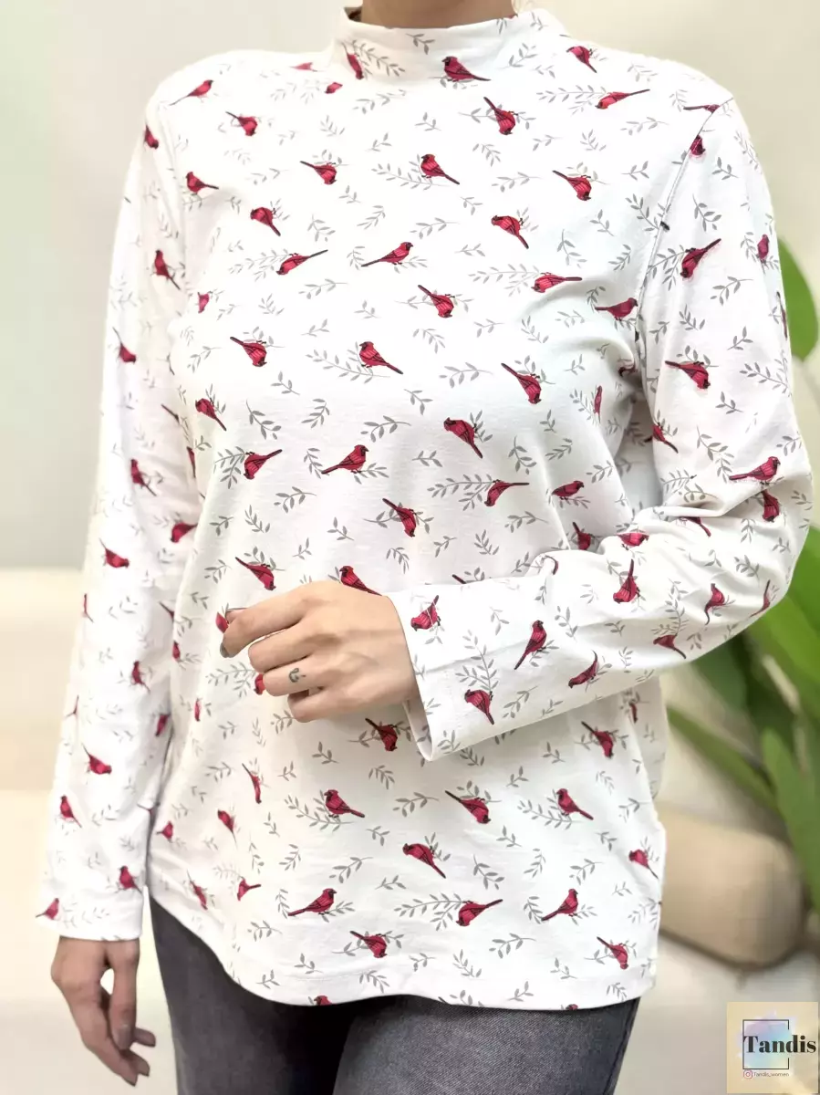 تیشرت آستین بلند کرم(طرح پرنده قرمز)
