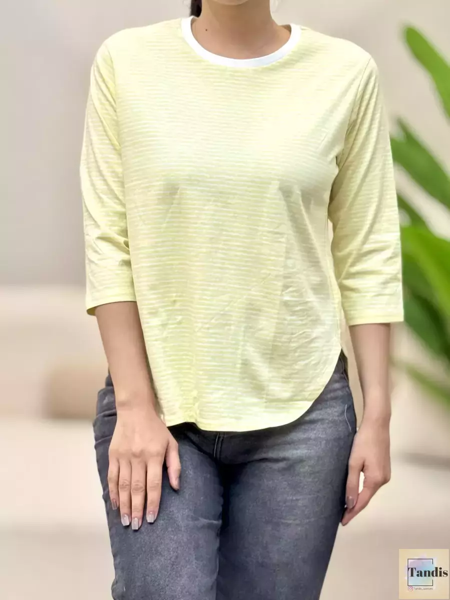 تیشرت آستین سه ربع راه راه (لیمویی/سبز)