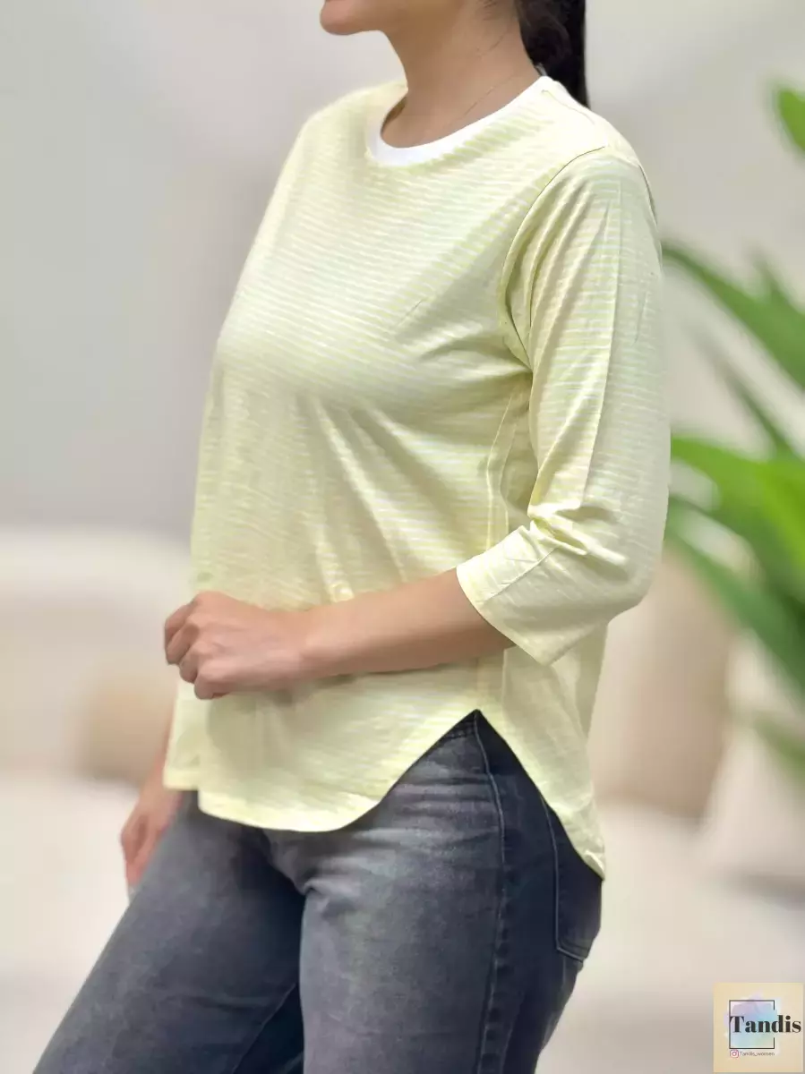 تیشرت آستین سه ربع راه راه (لیمویی/سبز)