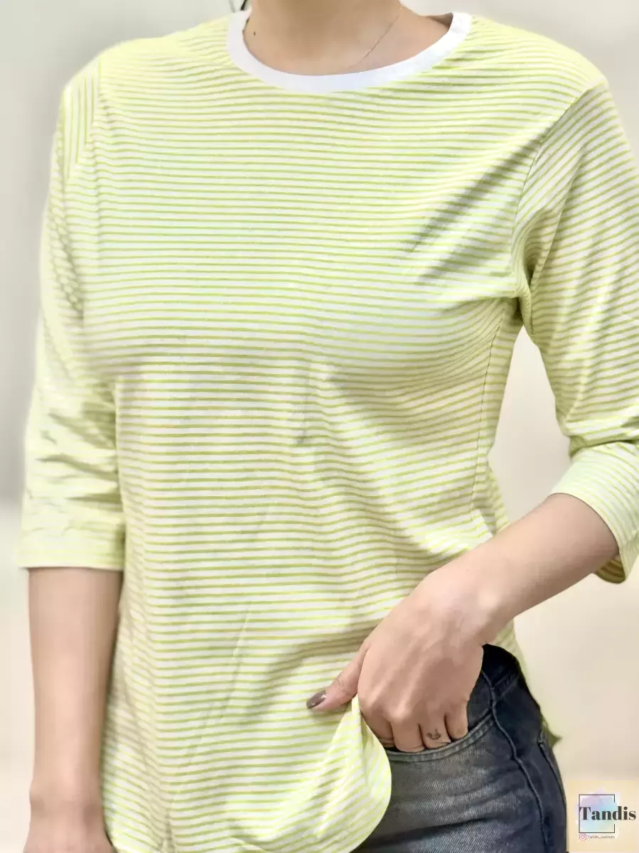 تیشرت آستین سه ربع راه راه (لیمویی/سبز)