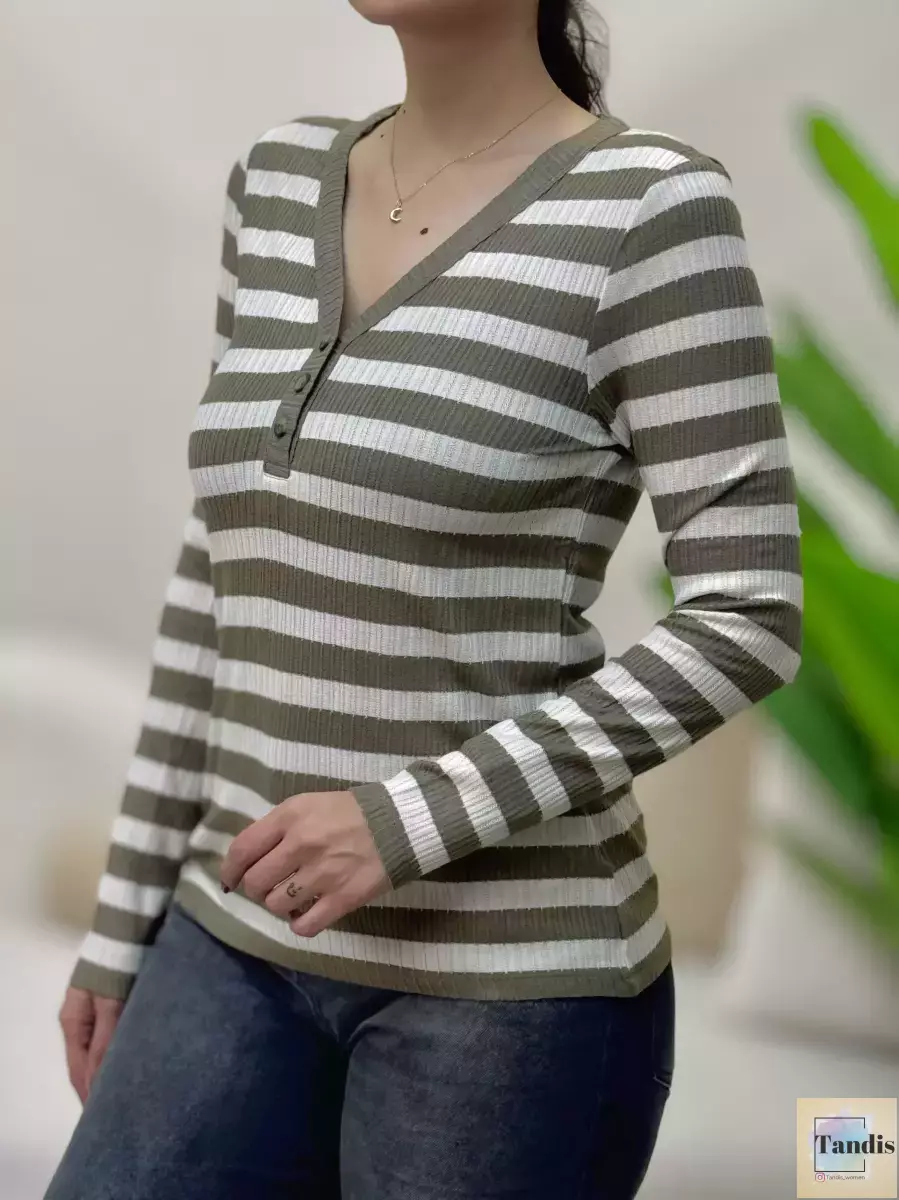 بافت ریز راه راه جلو دکمه (سبز/مشکی)