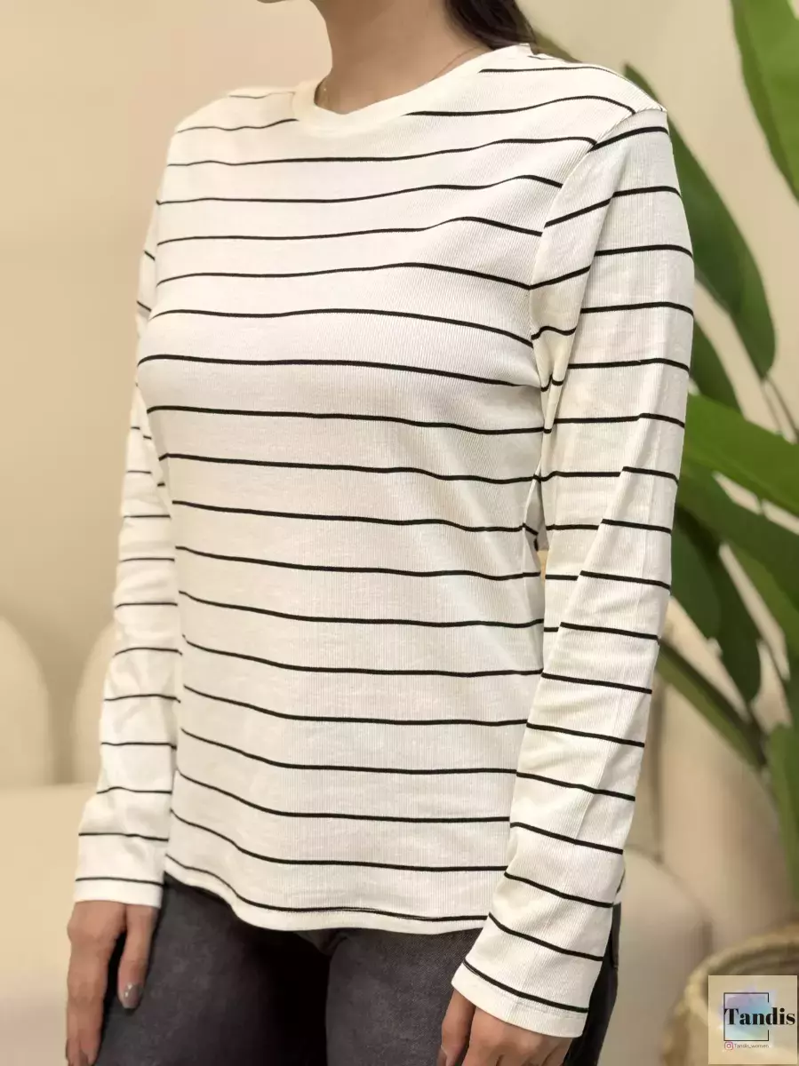 بلوز آستین بلند کبریتی راه راه شیری