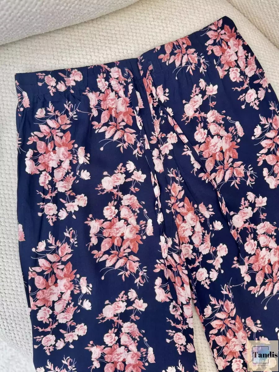 شلوار نخی سرمه ای گل دار