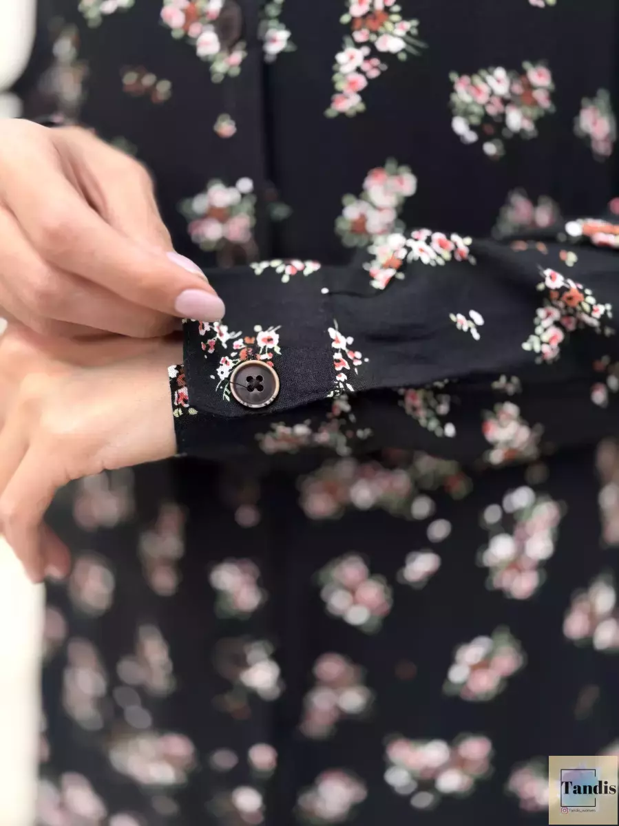 پیراهن مانتویی مشکی گلدار