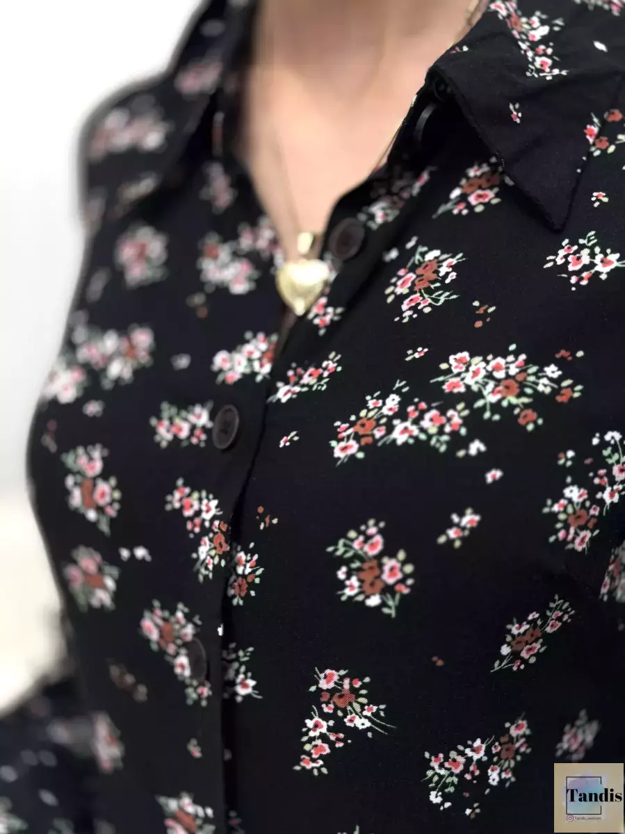 پیراهن مانتویی مشکی گلدار