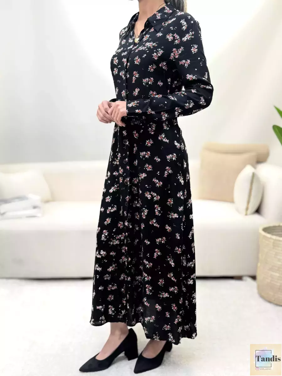 پیراهن مانتویی مشکی گلدار