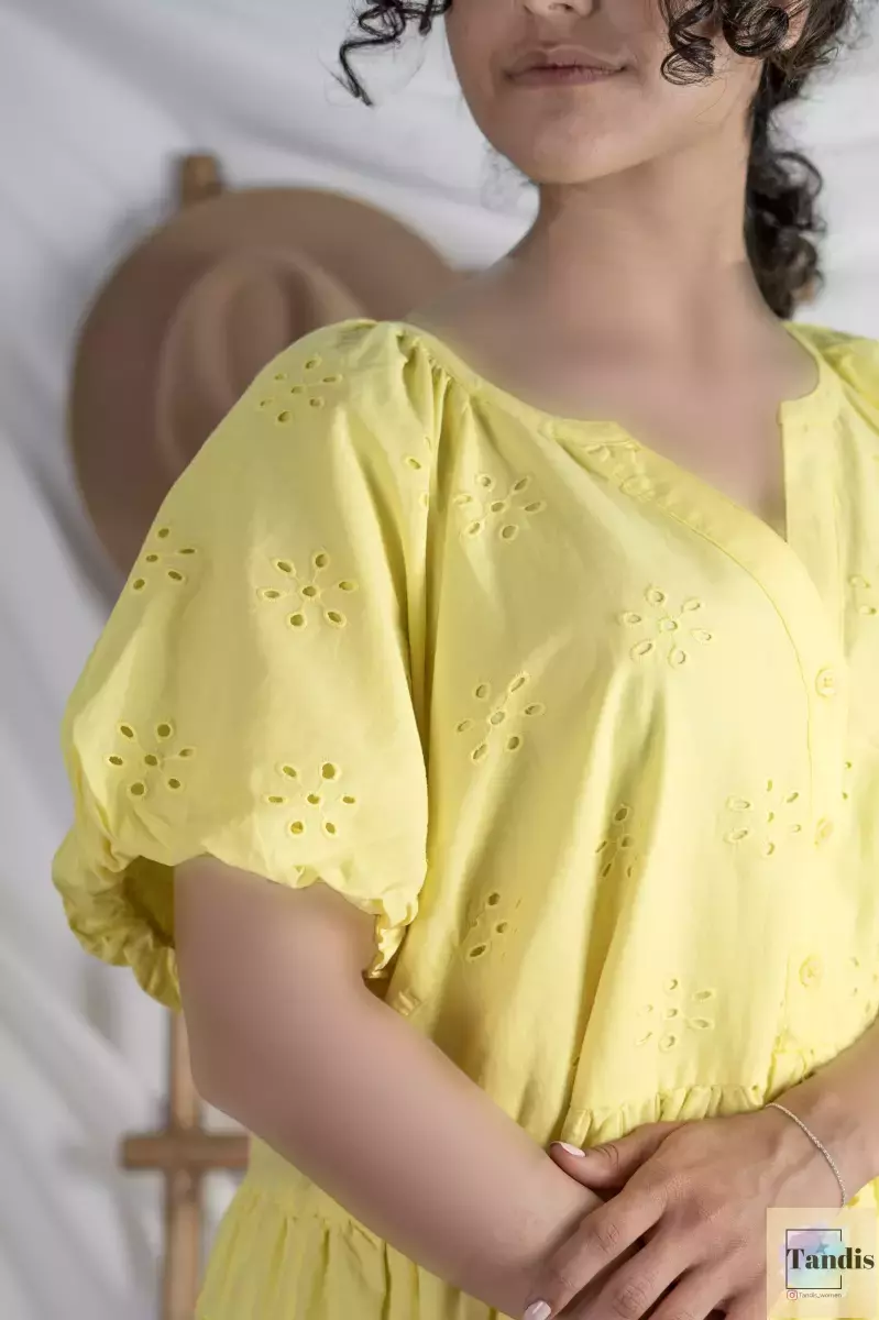 پیراهن خامه دوزی رنگ لیمویی