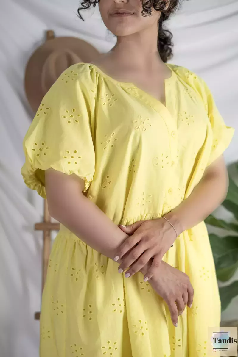 پیراهن خامه دوزی رنگ لیمویی