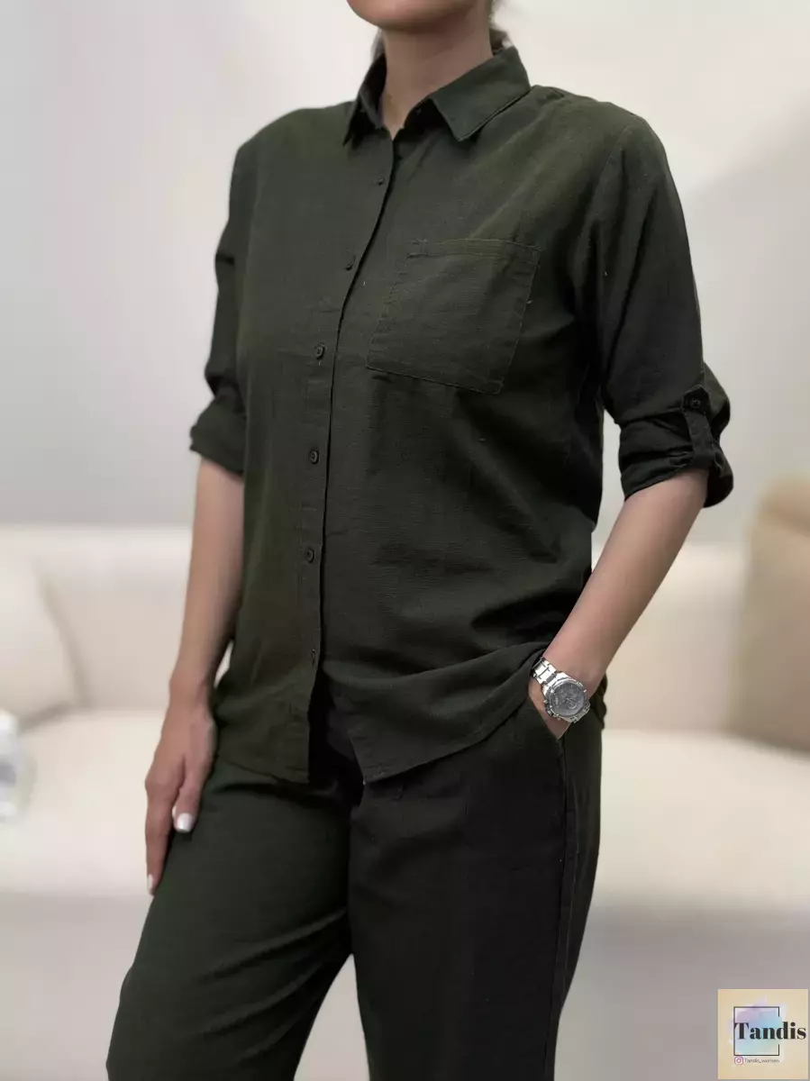 ست شومیز شلوار لینن شیری و سبز