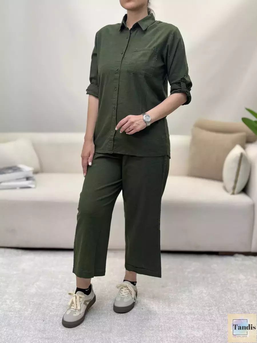 ست شومیز شلوار لینن شیری و سبز