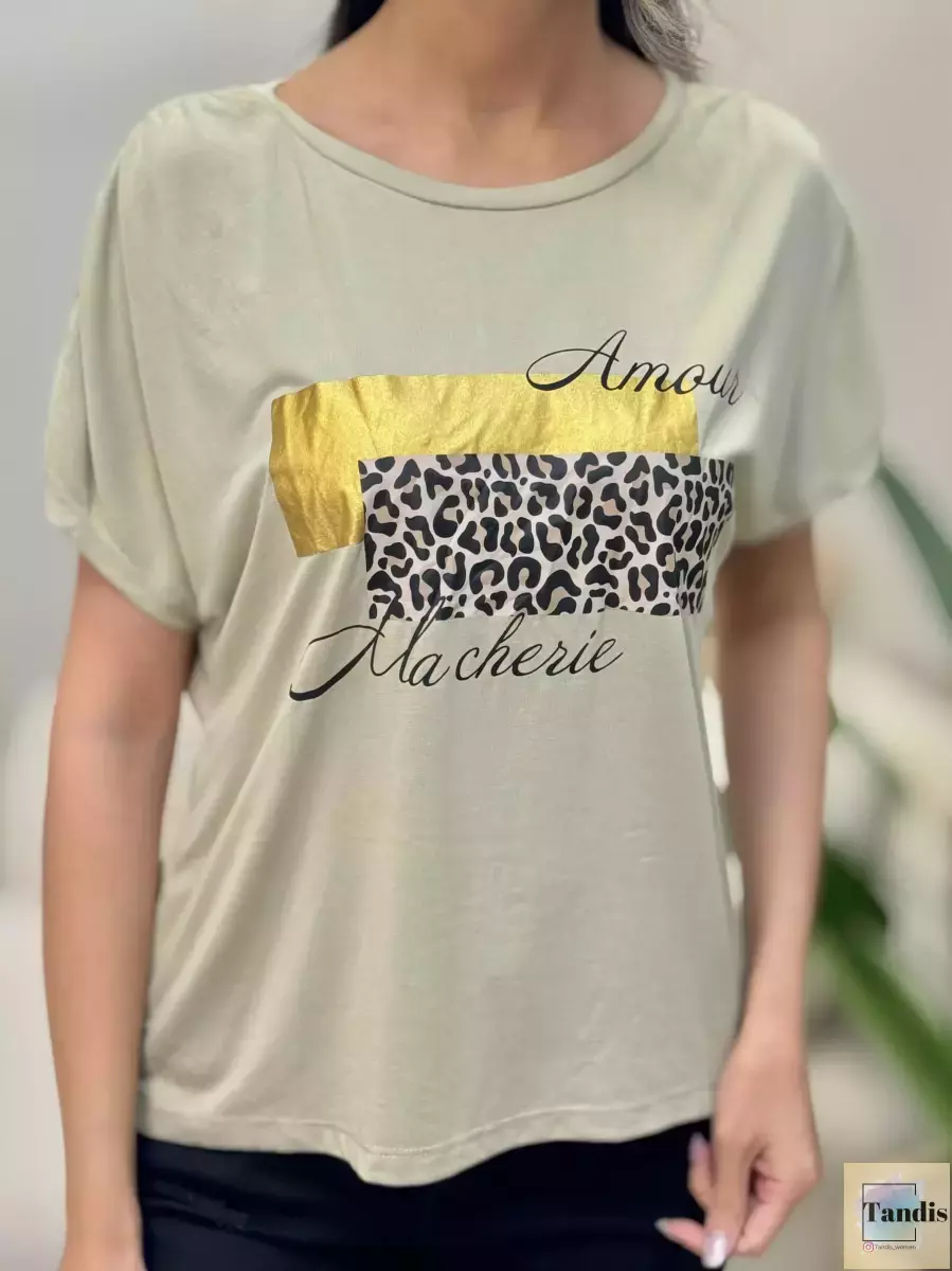 تیشرت سرشانه چین دار چاپ پلنگی