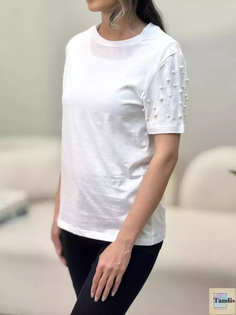 تیشرت سفید آستین مروارید