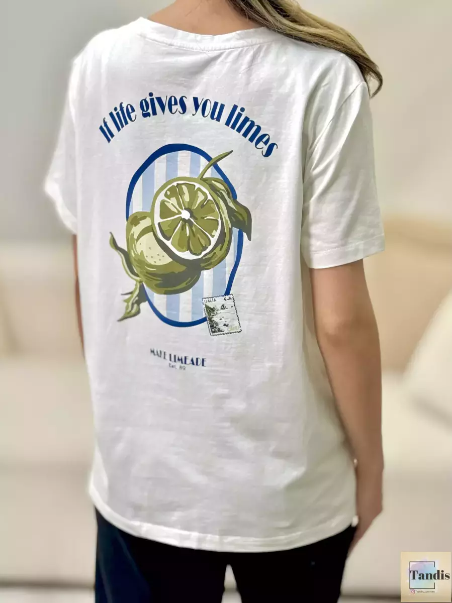 تیشرت چاپ دار نگین دار طرح لیمو و گیلاس zero