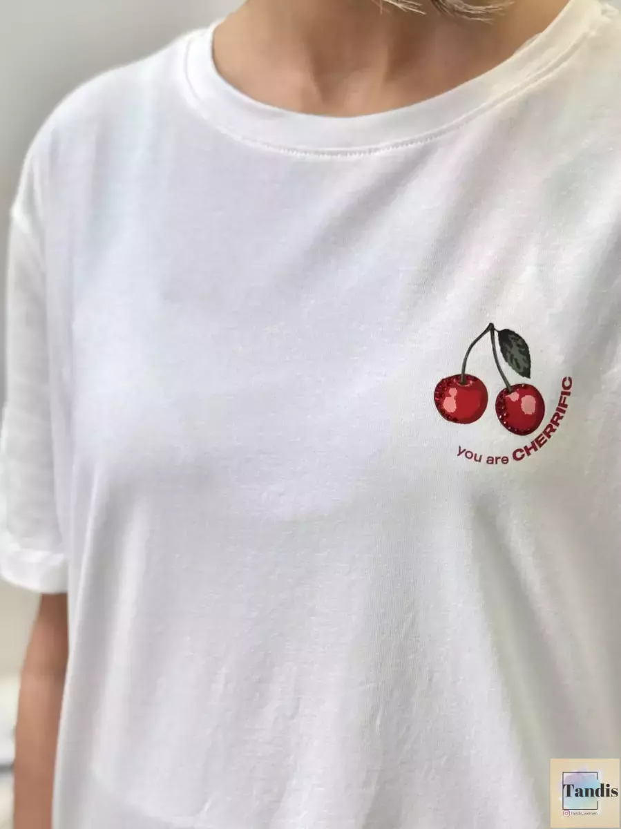 تیشرت چاپ دار نگین دار طرح لیمو و گیلاس zero