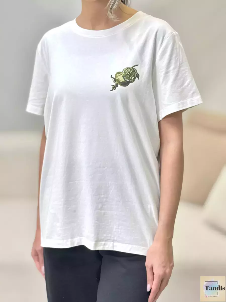 تیشرت چاپ دار نگین دار طرح لیمو و گیلاس zero