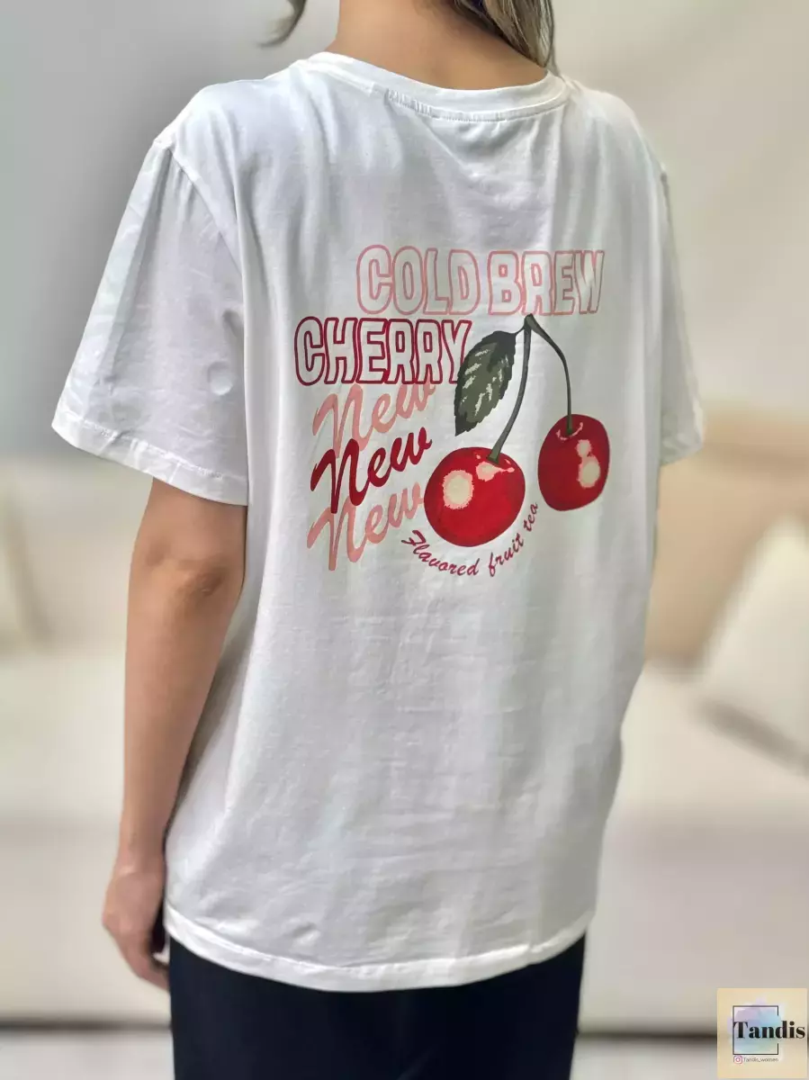 تیشرت چاپ دار نگین دار طرح لیمو و گیلاس zero