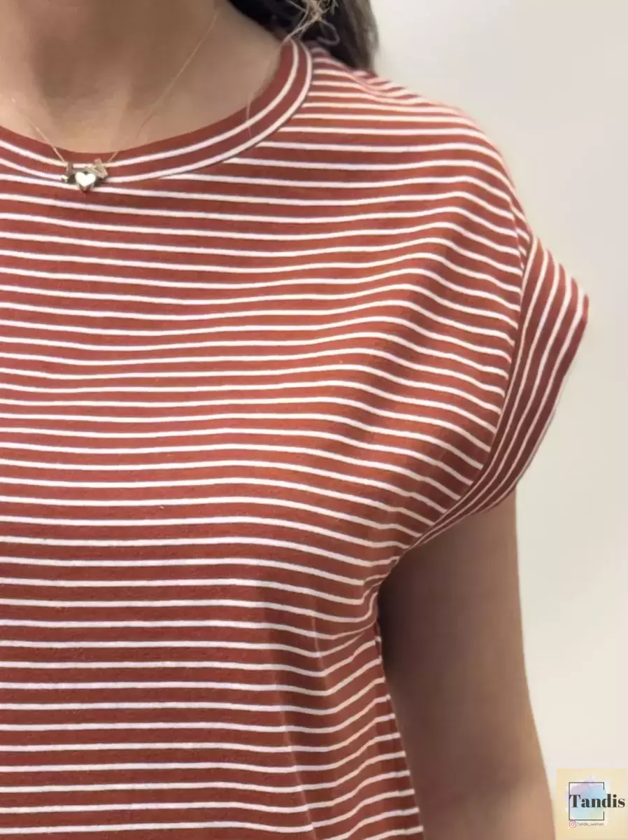 تیشرت آستین سرخود راه راه آجری