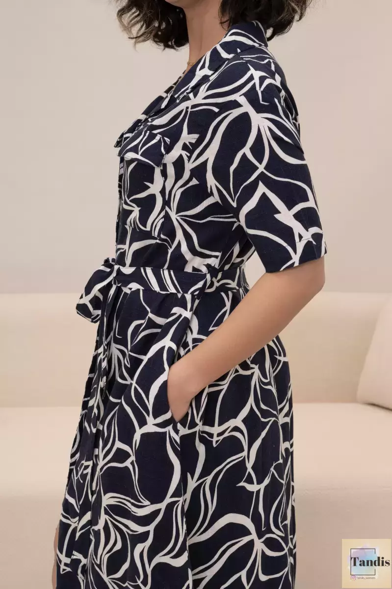 پیراهن لینن طرحدار(آبی/سرمه ای)