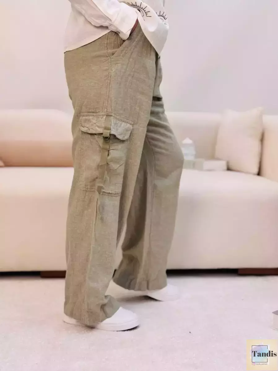 شلوار کارگو لینن کرم و سبز