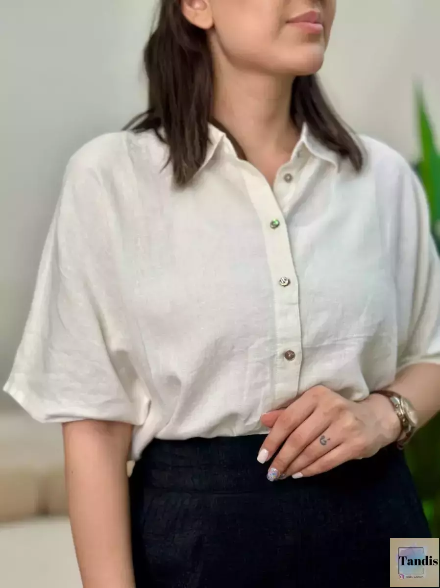 شومیز لینن آستین کوتاه(شیری)
