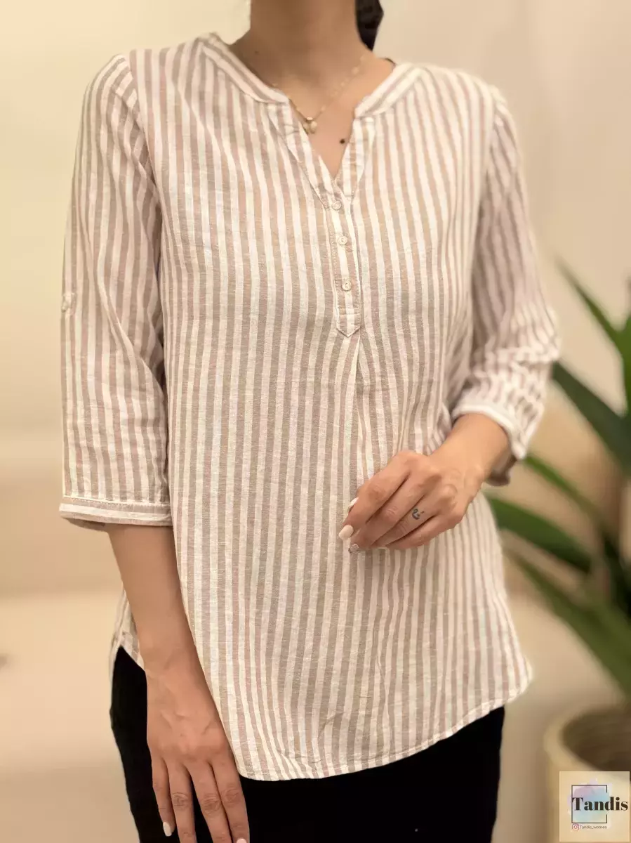 شومیز لینن راه راه جلو بسته