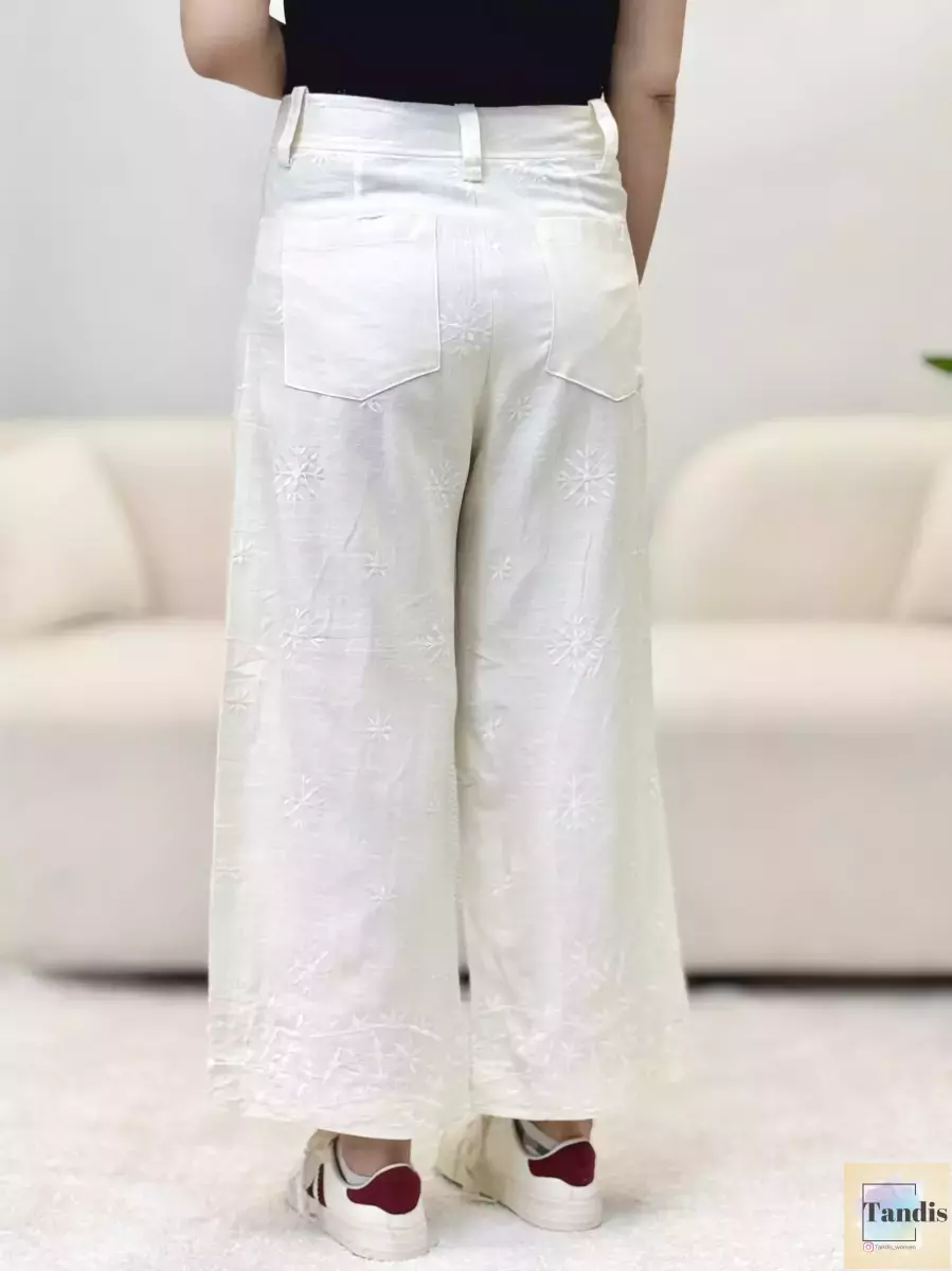 شلوار لینن کرم و شیری گلدوزی