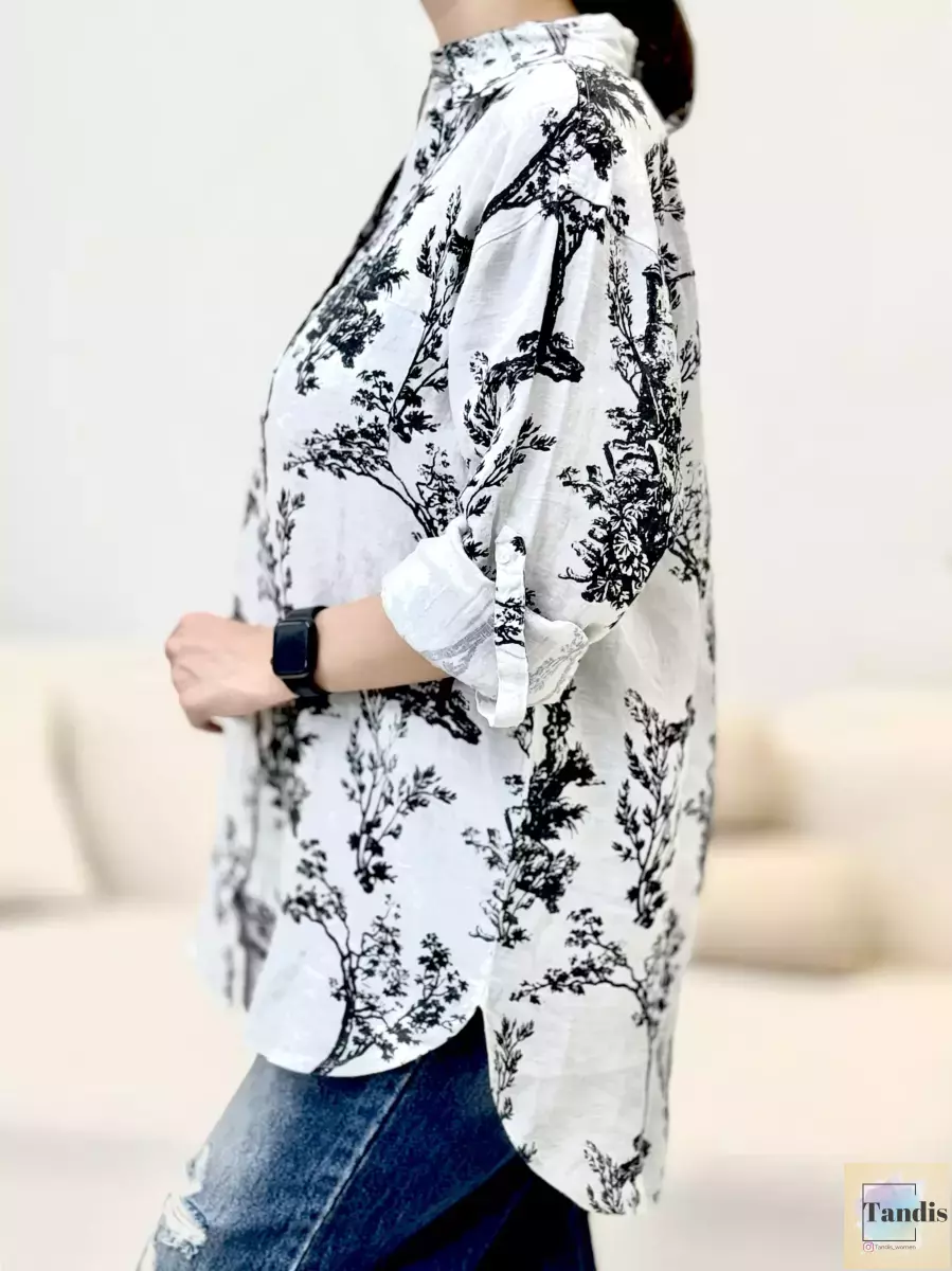 شومیز لینن طرح دار مشکی درخت