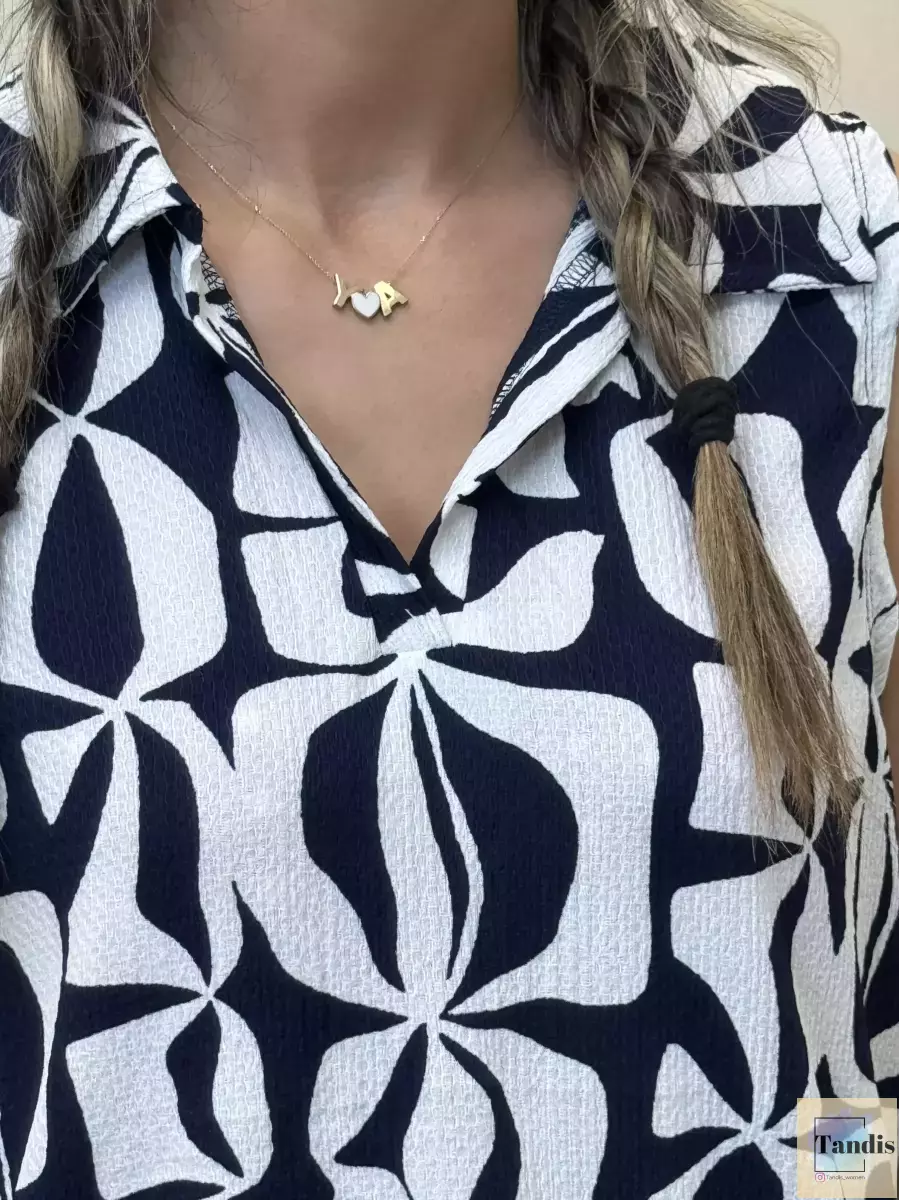 شومیز آستین حلقه ای طرحدار (سفید سرمه ای)