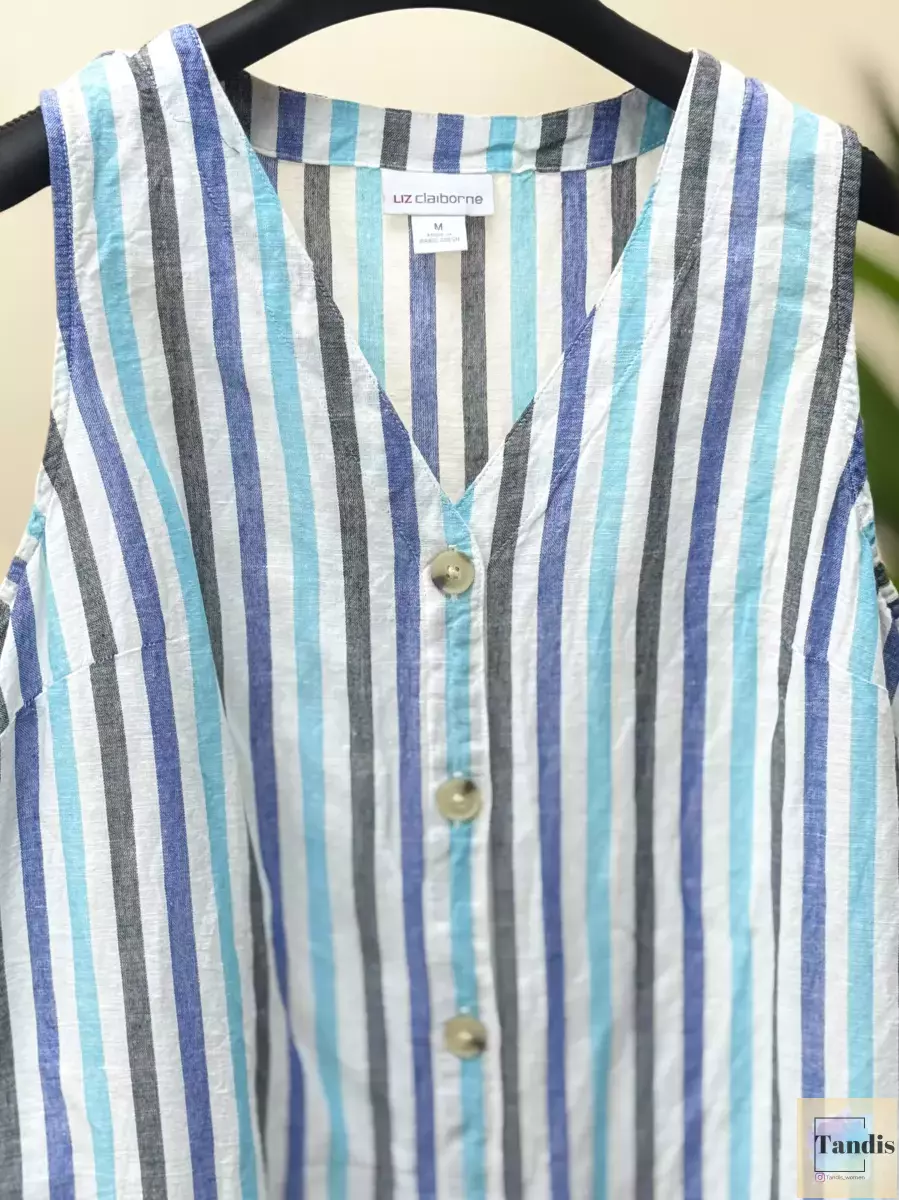 پیراهن لینن راه راه دکمه دار